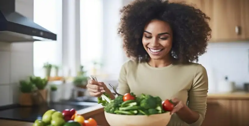 Mulher negra feliz em sua cozinha preparando sua refeição saudável